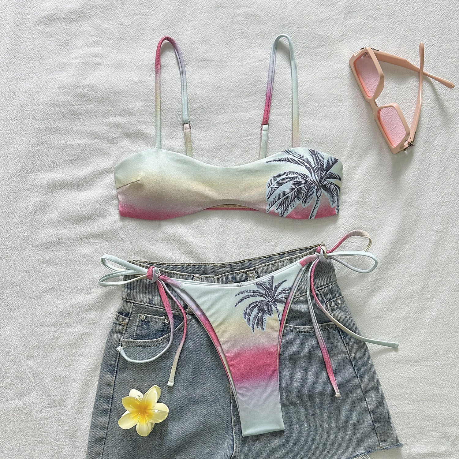 Pastel Gradient Palm Tree Print Bandeau Bikini Set | Adjustable Double Straps, Side Lace-Up Thong & Tulum-Coded Y2K Tropical Resort Luxe