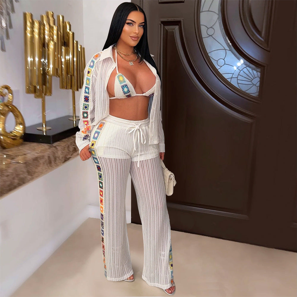 Granny Square Crochet Trim Open-Knit Three-Piece Set | Sheer Shirt, Halter Top & Wide-Leg Pants