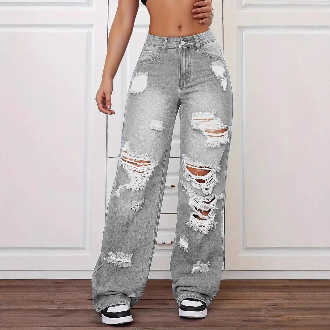 Riot Wide-Leg Heavily Distressed High Waist Ripped Straight Jeans