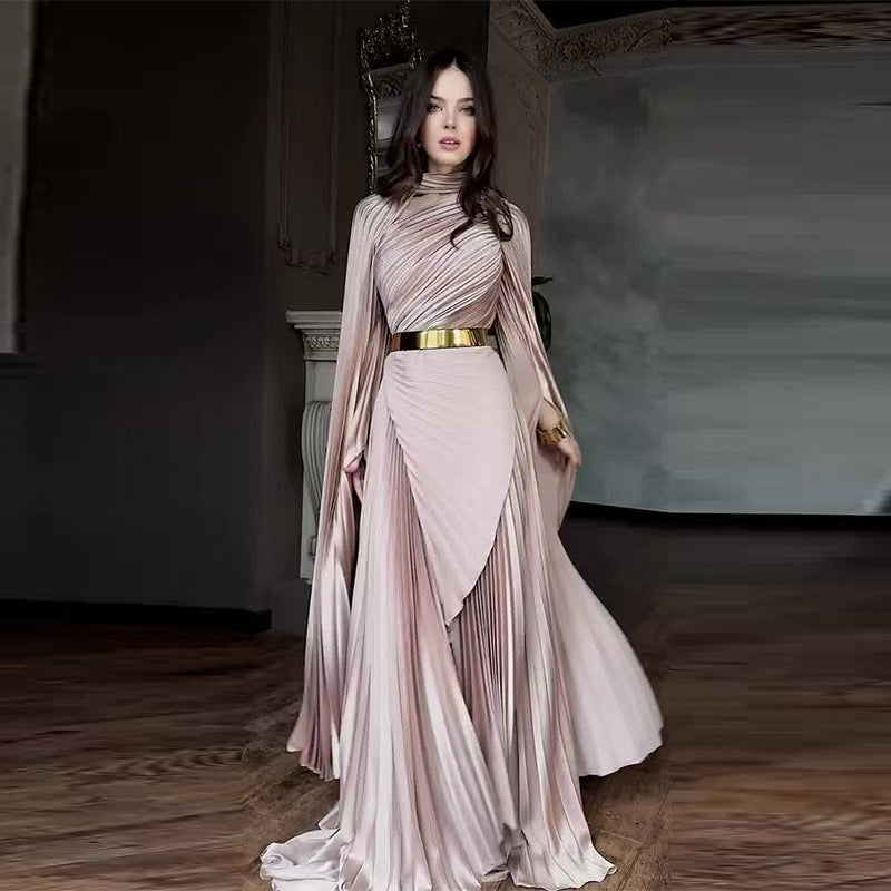 The Regal Entrance Pleated Cape Maxi Dress