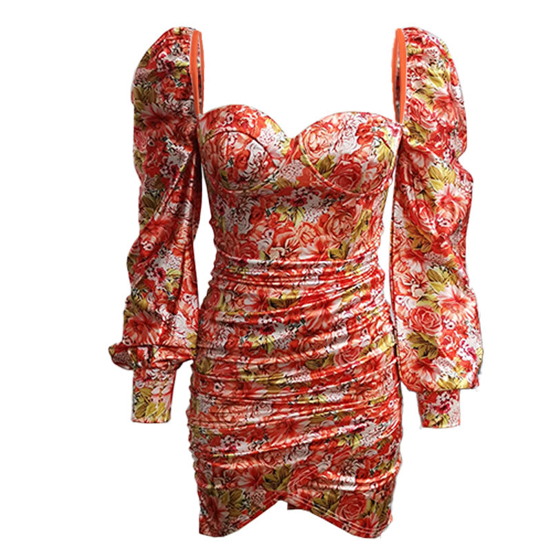 Floral Print Satin Mini Dress | Long Sleeve Square Neck Bodycon