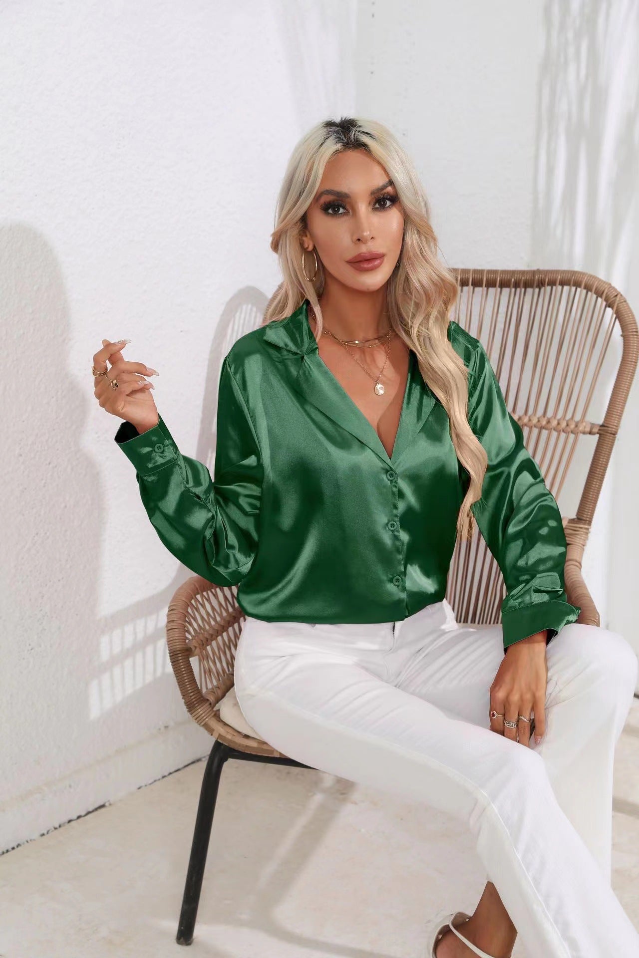 Satin Long Sleeve Button-Down Collared Shirt
