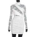 High-Neck Lace Panel Ruched Bodycon Mini Dress