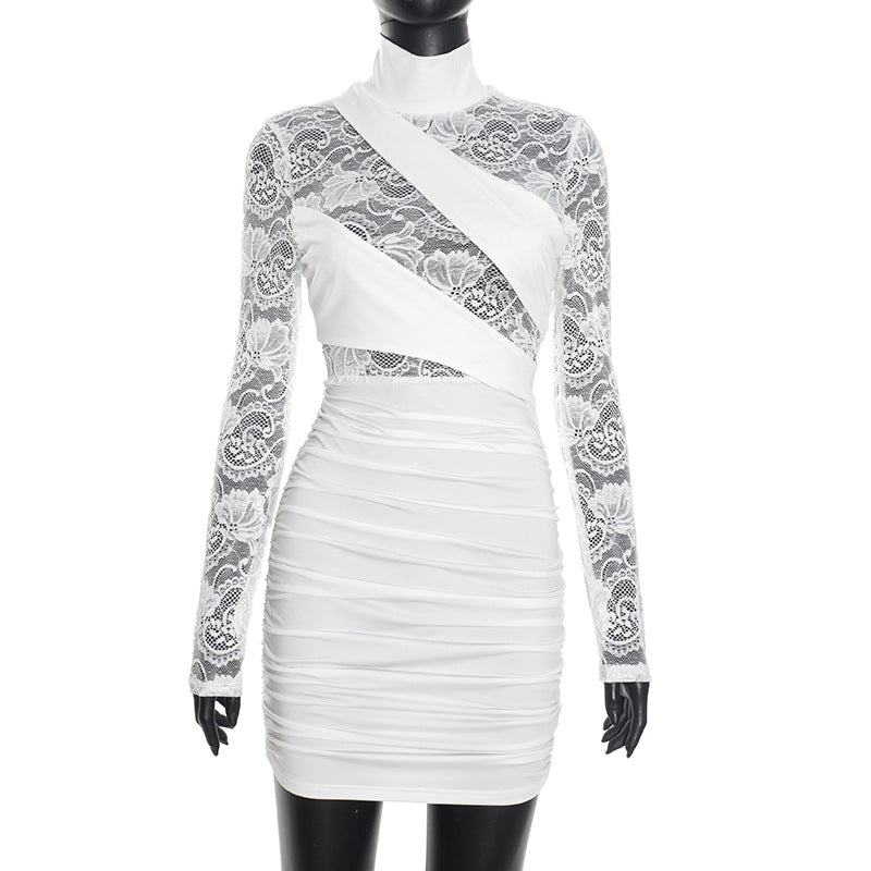 High-Neck Lace Panel Ruched Bodycon Mini Dress