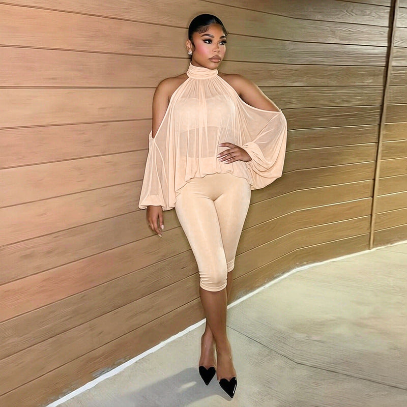 Sheer Mesh Halter Batwing Top & Capri Leggings Set
