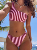 Stripe One-Shoulder Bandeau Bikini Set | Low-Rise Cheeky Bottoms & Asymmetric Strap