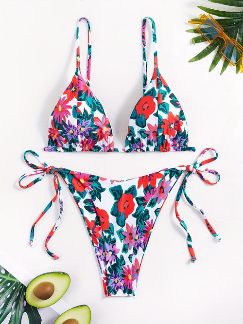 Bold Vintage Floral Triangle Bikini Set | Spaghetti Straps, Long Side Tie Thong & Positano-Coded Garden-Party Resort Luxe