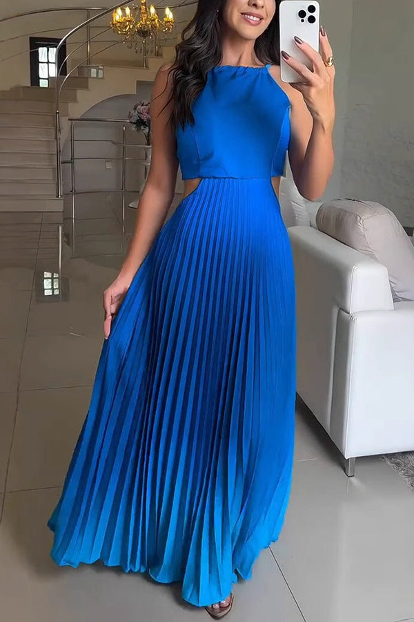 Ombre Pleated Halter Maxi Dress | Gradient Cutout Backless A-Line