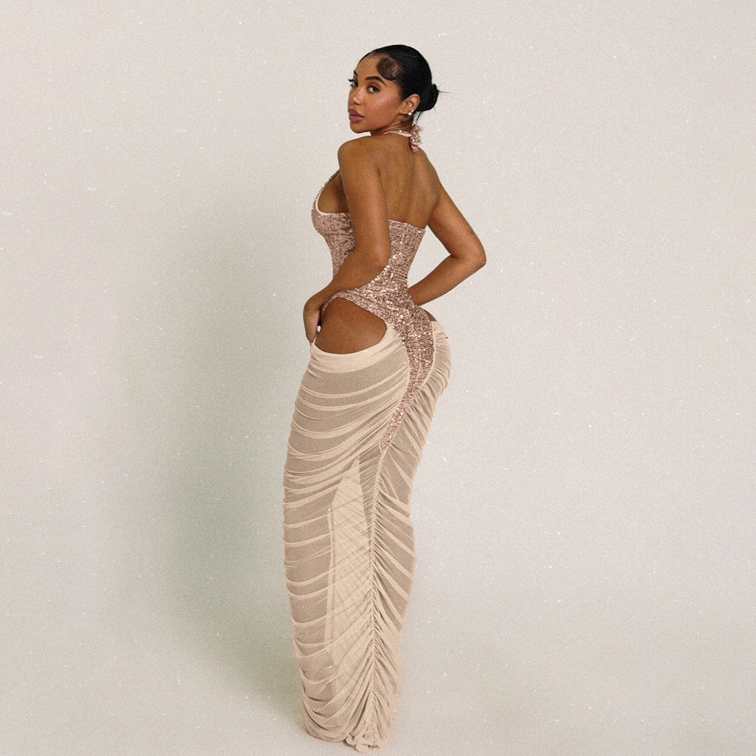 Sequin Halter Deep V Bodysuit & Ruched Mesh Maxi Skirt Dress