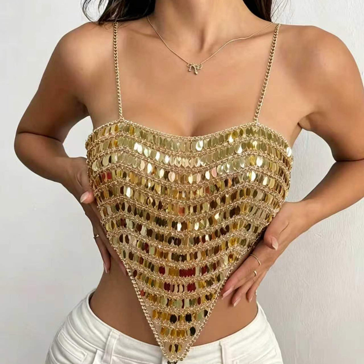 Gold Disc Chainmail Chain Strap Backless Crop Cami Top