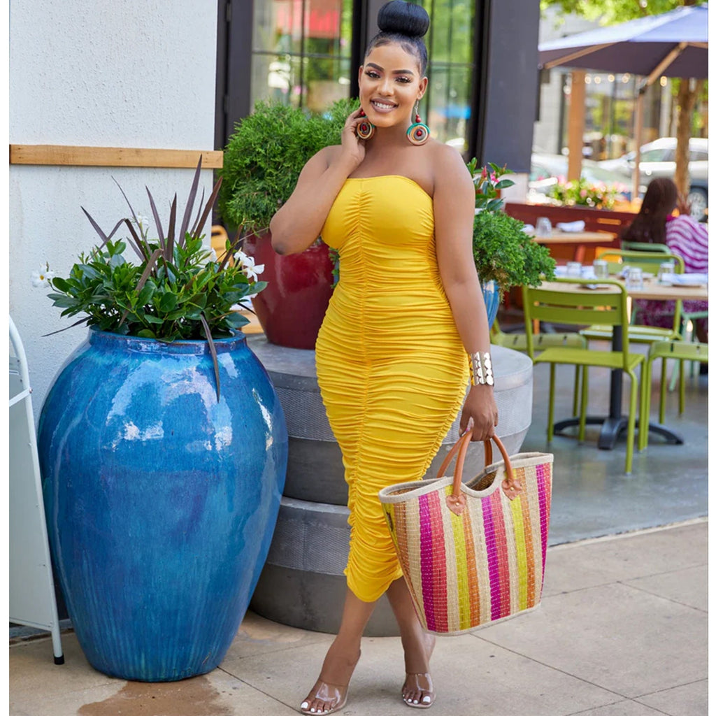 Strapless Allover Ruched Bodycon Midi Dress