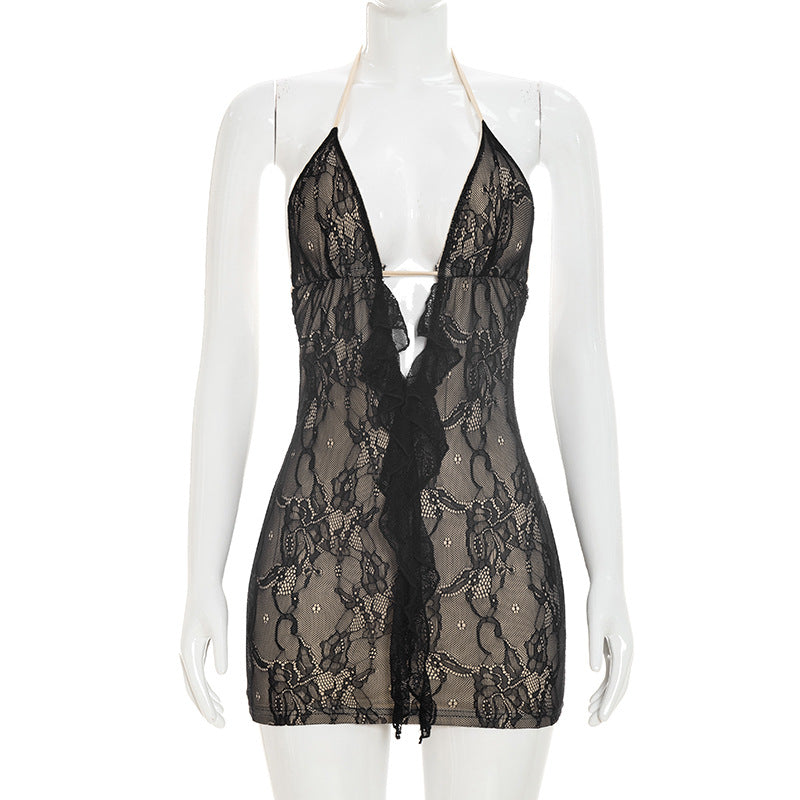Lace Halter Deep-V Ruffle-Front Cutout Mini Dress | Open Midriff, Backless & Resort-Luxe Feminine