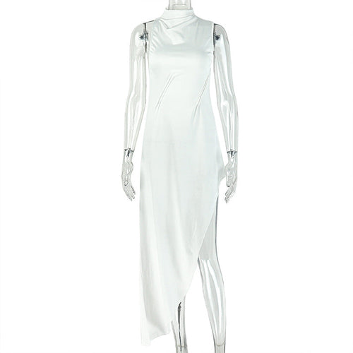 Backless High-Neck Asymmetric High-Low Bodycon Maxi Dress