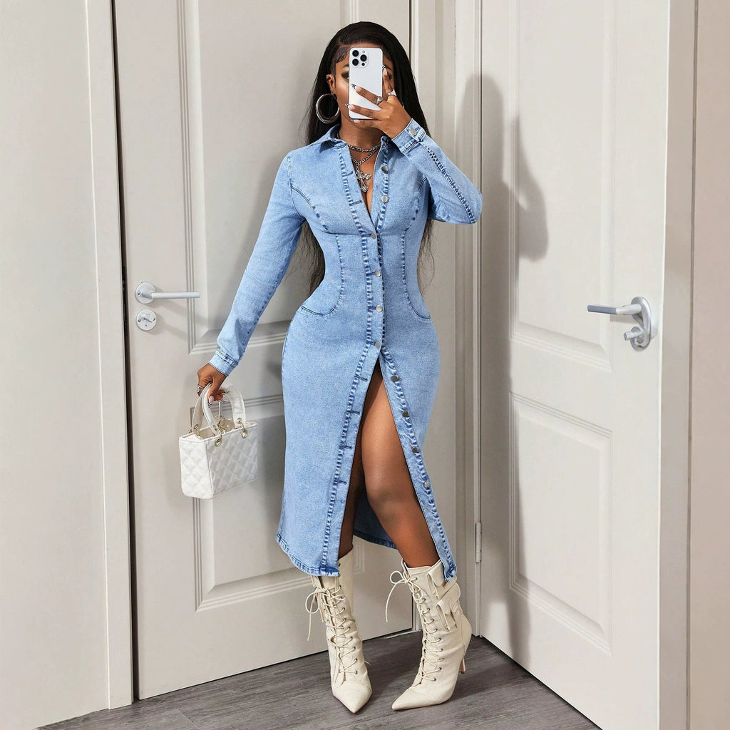 Denim Darling Button-Front Midi Dress