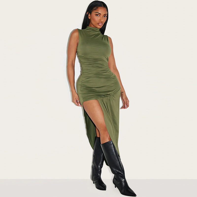 Mock Neck Ruched Waist Asymmetric Draped Hem Sleeveless Bodycon Maxi Dress