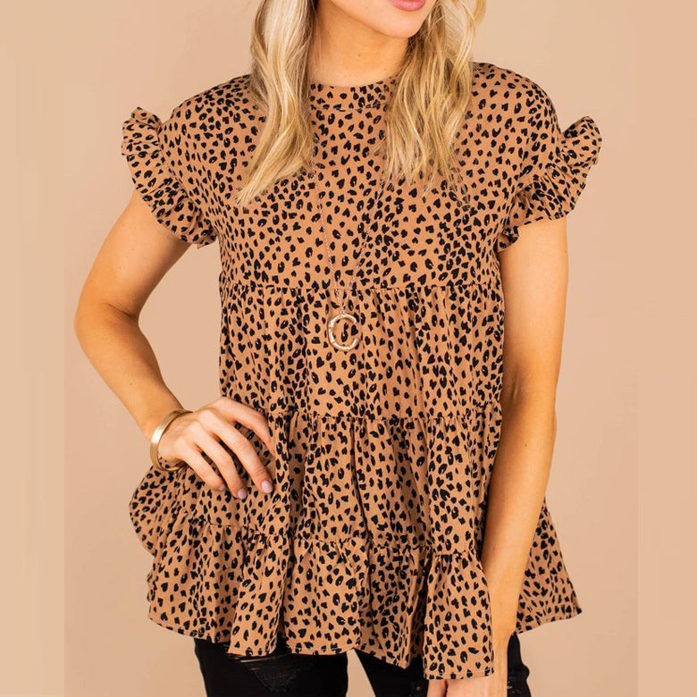 Micro Leopard Print Tiered Ruffle Babydoll Blouse