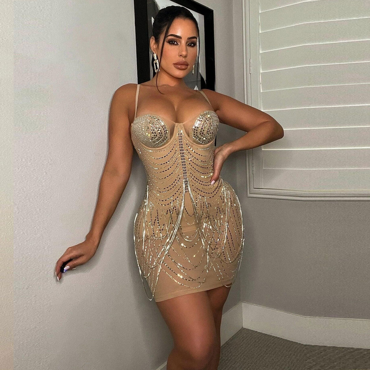 Rhinestone Bust Draped Chain Fringe Tassel Bodycon Mini Dress