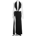 Deep Plunge Halter Open Backless Ruched Twist-Knot Waist Side Slit Bodycon Maxi Dress