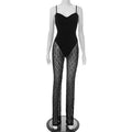 Spaghetti Strap Sweetheart Bodysuit & Sheer Lace Wide-Leg Jumpsuit