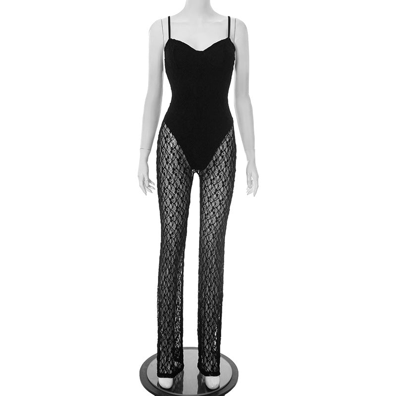 Spaghetti Strap Sweetheart Bodysuit & Sheer Lace Wide-Leg Jumpsuit