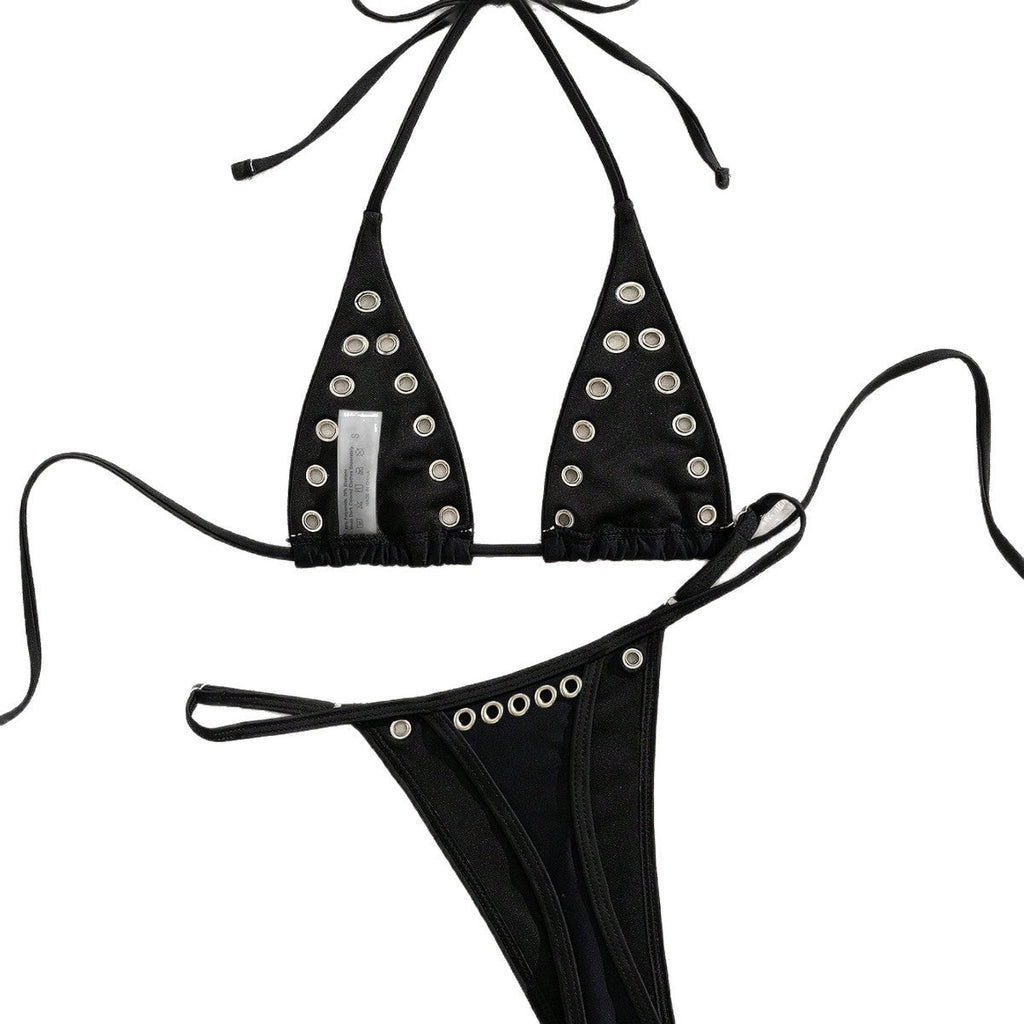 Metal Ring Embellished Halter Triangle Bikini Set