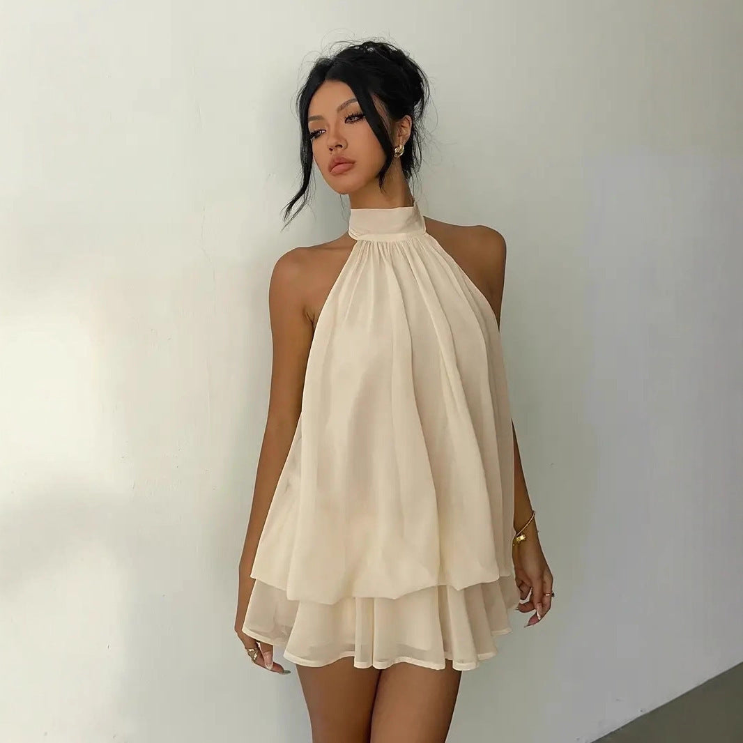 Cloud Nine Gathered Halter Tie-Back Chiffon Mini Dress