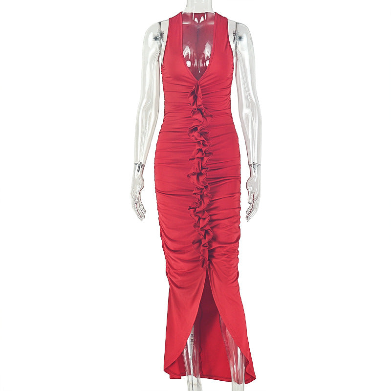 Deep V-Neck 3D Ruffle Trim Centre Front Ruched Textured Bodycon Front Slit Maxi Dress