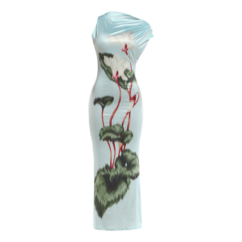 Botanical Print One-Shoulder Ruched Asymmetric Bodycon Maxi Dress