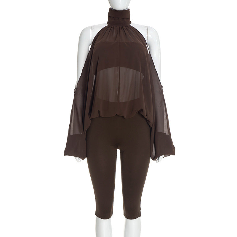 Sheer Mesh Halter Batwing Top & Capri Leggings Set