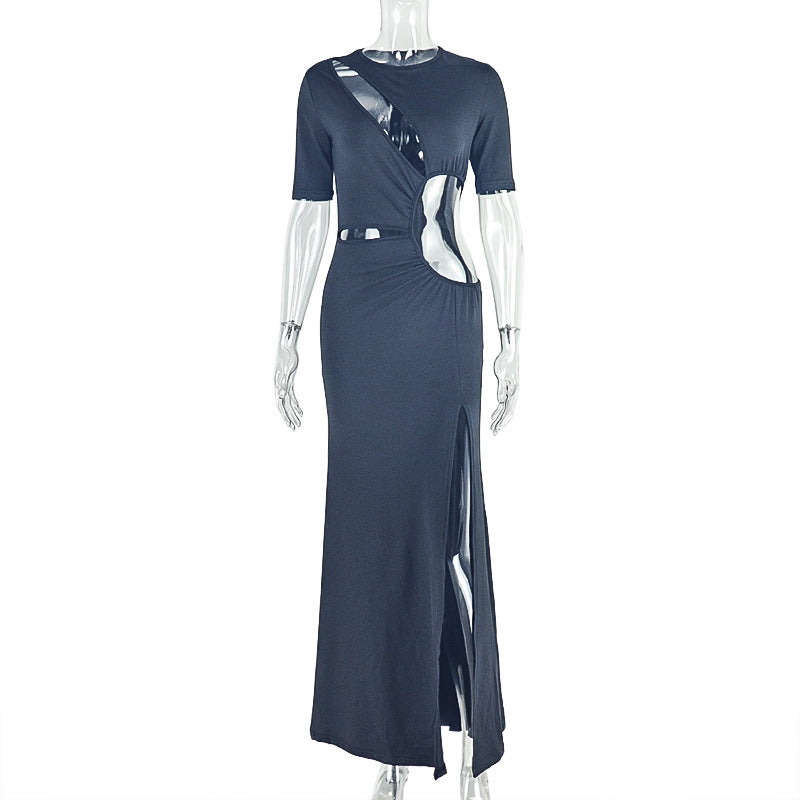 Short Sleeve Diagonal Slash Cutout Bodycon Maxi Dress | Ruched Waist & Front Side Slit
