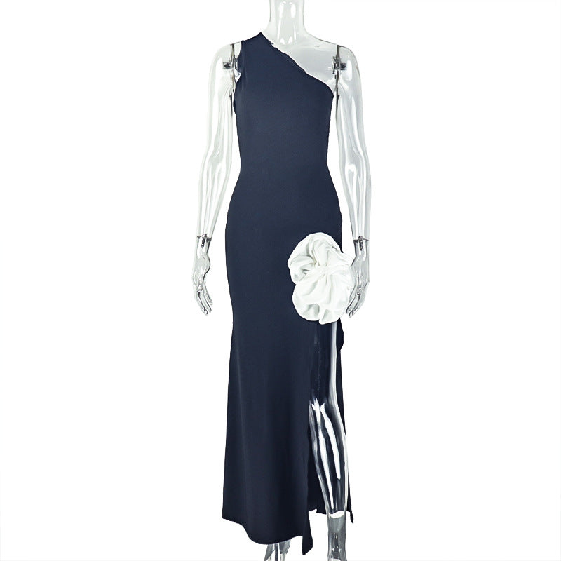 One-Shoulder Asymmetric Open Back 3D Oversized Flower Appliqué High Slit Bodycon Maxi Dress