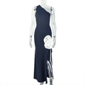 One-Shoulder Asymmetric Open Back 3D Oversized Flower Appliqué High Slit Bodycon Maxi Dress