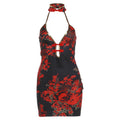 Red Peony Neo-Chinese Frog Button Halter Deep V Bodycon Mini Dress