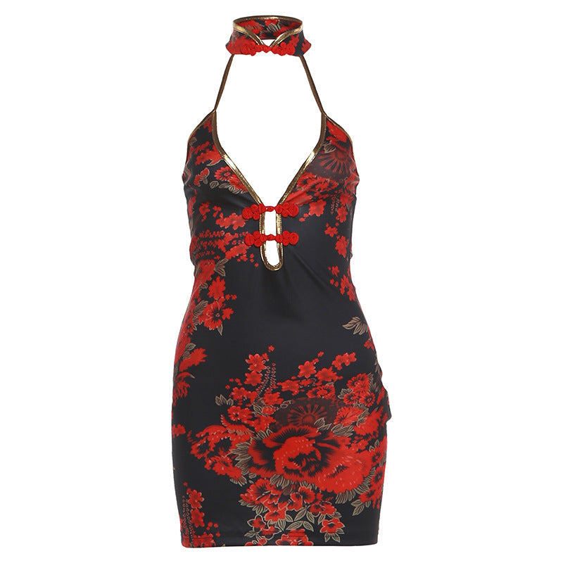Red Peony Neo-Chinese Frog Button Halter Deep V Bodycon Mini Dress