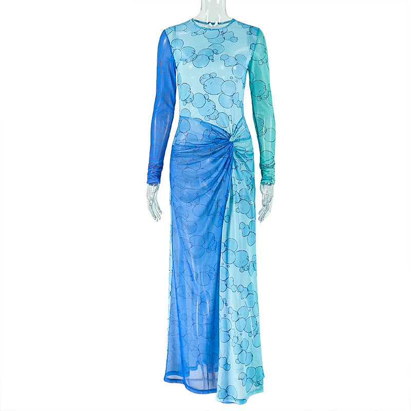Cobalt Blue Bubble Print Mesh Twisted Waist High Slit Maxi Dress