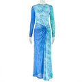 Cobalt Blue Bubble Print Mesh Twisted Waist High Slit Maxi Dress