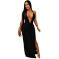 Deep Plunge Halter Knot-Waist Backless Maxi Dress | Gold Chain Neck, High Split & Body-Con