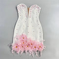 Blush Pink Strapless Deep Plunge V Bead & Rhinestone Embellished Feather Hem 3D Floral Rosette Bodycon Mini Cocktail Dress