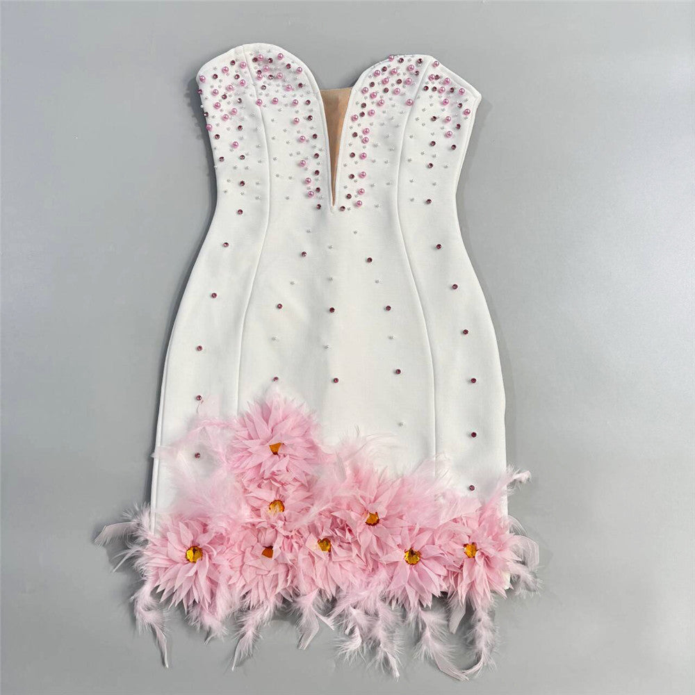 Blush Pink Strapless Deep Plunge V Bead & Rhinestone Embellished Feather Hem 3D Floral Rosette Bodycon Mini Cocktail Dress