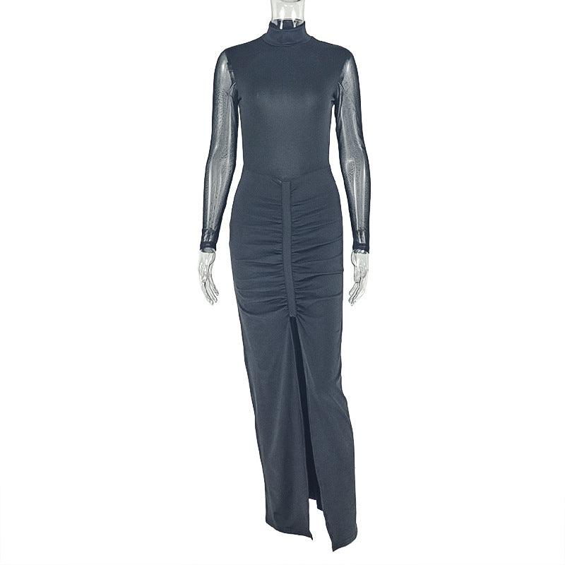 The Sheer Turtleneck Cutout Split Maxi Dress