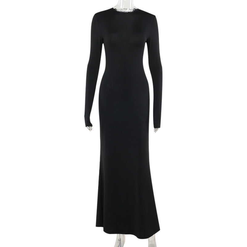 Long-Sleeve Crew-Neck Lace-Up Backless Body-Con Maxi Dress | Minimalist Dark Luxe