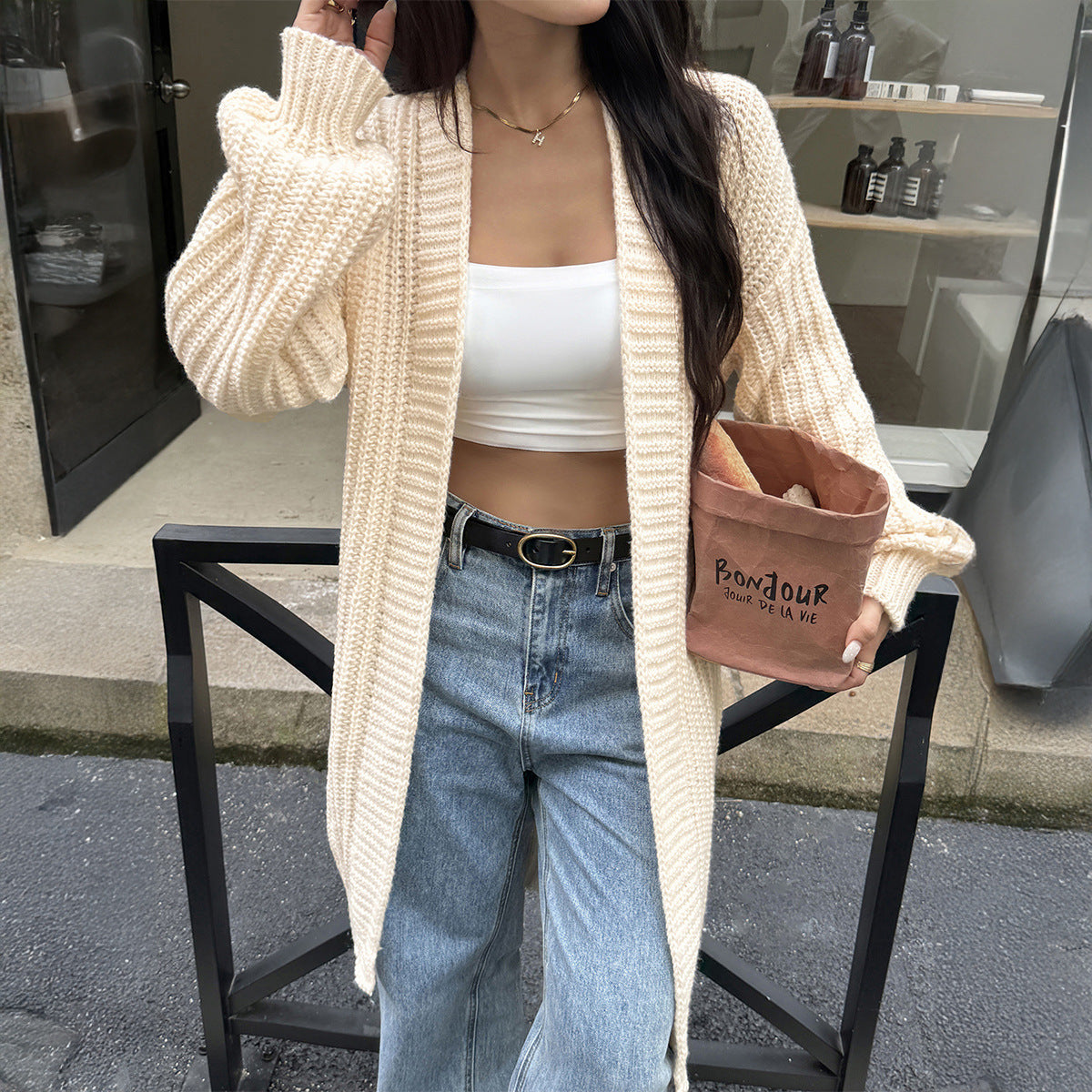 Chunky Ribbed Knit Open-Front Longline Cardigan