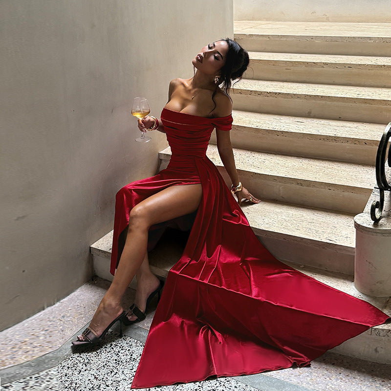 The Satin Nights Off-Shoulder Split Maxi Dress