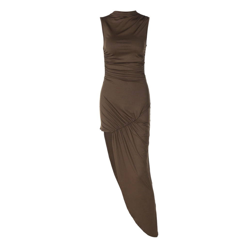 Mock Neck Ruched Waist Asymmetric Draped Hem Sleeveless Bodycon Maxi Dress