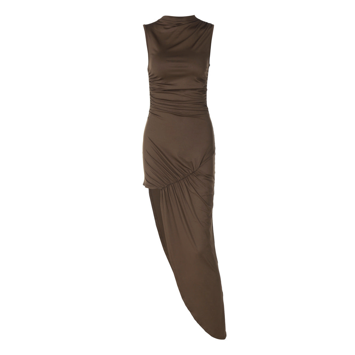 Mock Neck Ruched Waist Asymmetric Draped Hem Sleeveless Bodycon Maxi Dress