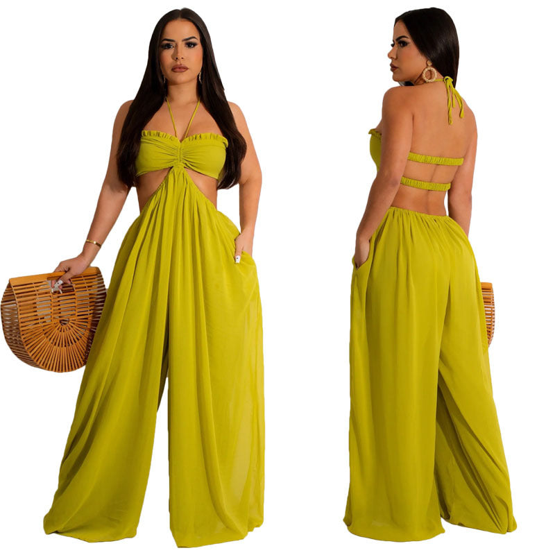 Sun Goddess Twist Knot Cutout Wide-Leg Palazzo Jumpsuit