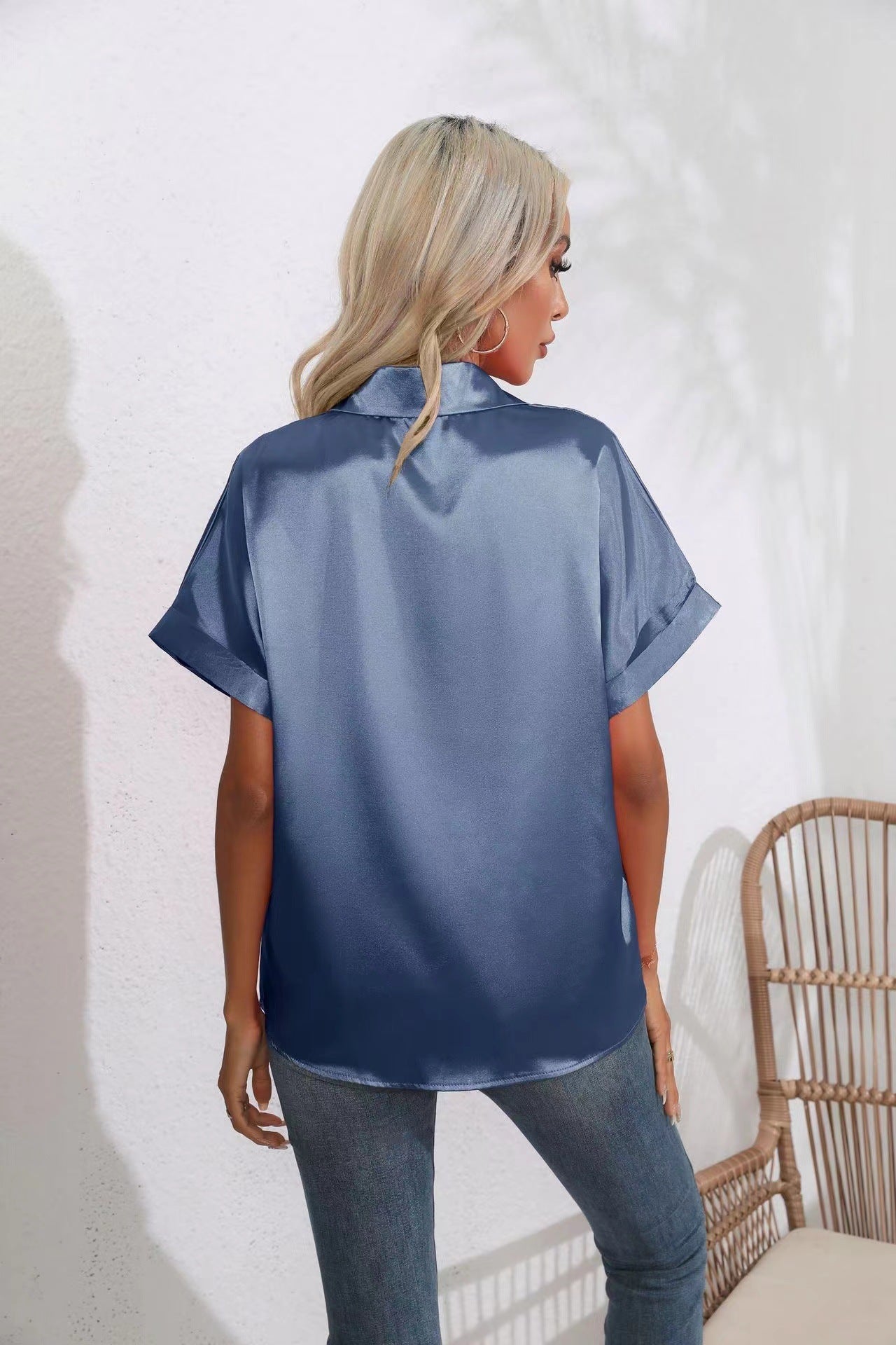 Satin Short Sleeve Button-Down Collared Shirt