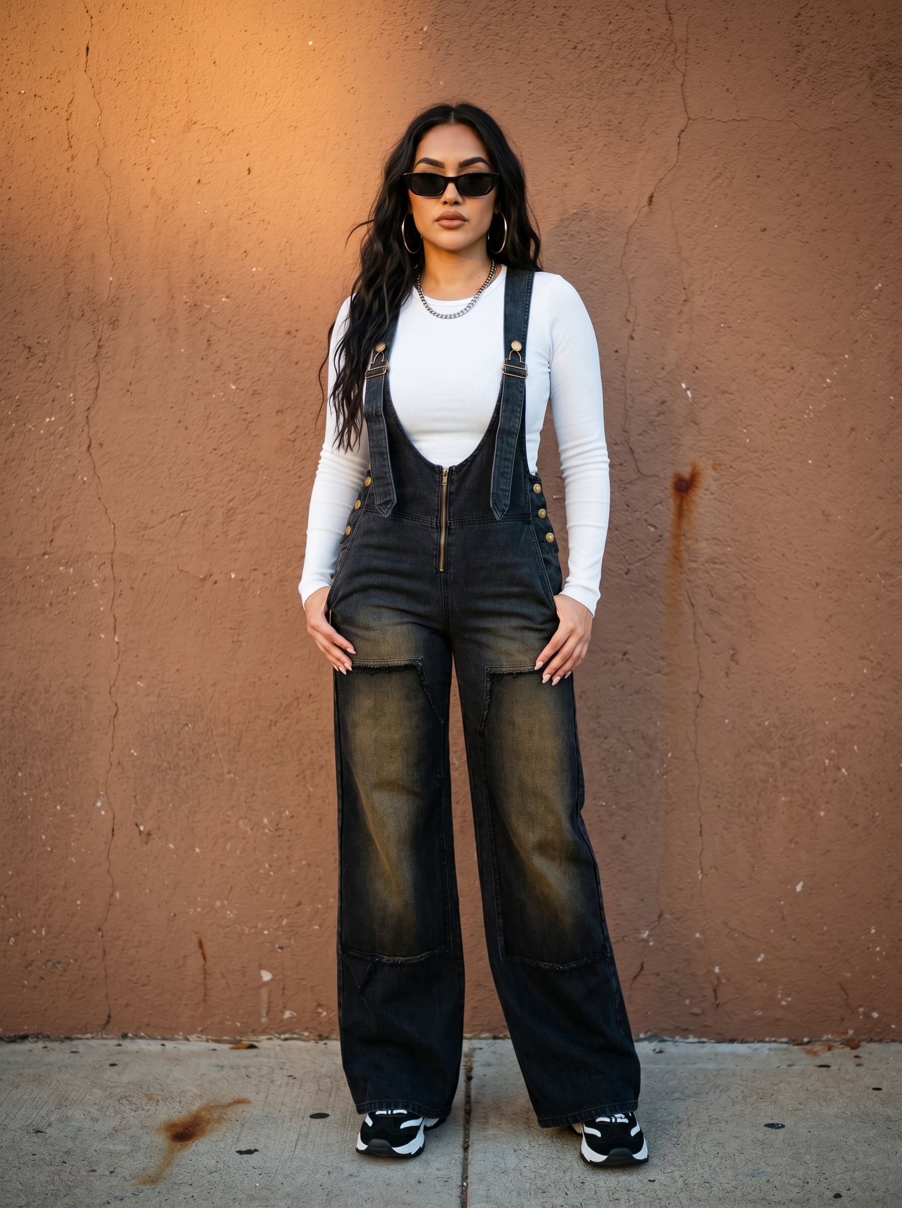 Dark Wash Wide-Leg Denim Overalls with Gold Hardware & Cargo Pockets