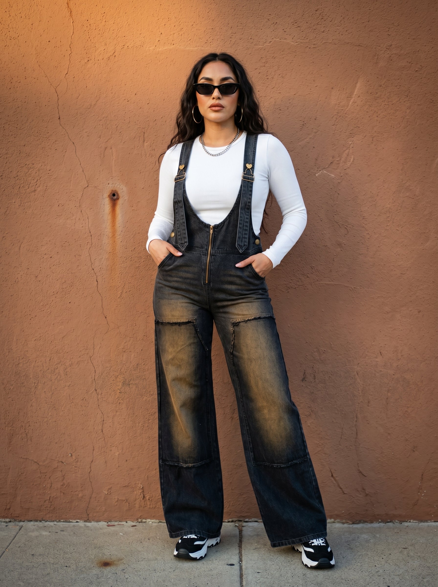 Dark Wash Wide-Leg Denim Overalls with Gold Hardware & Cargo Pockets