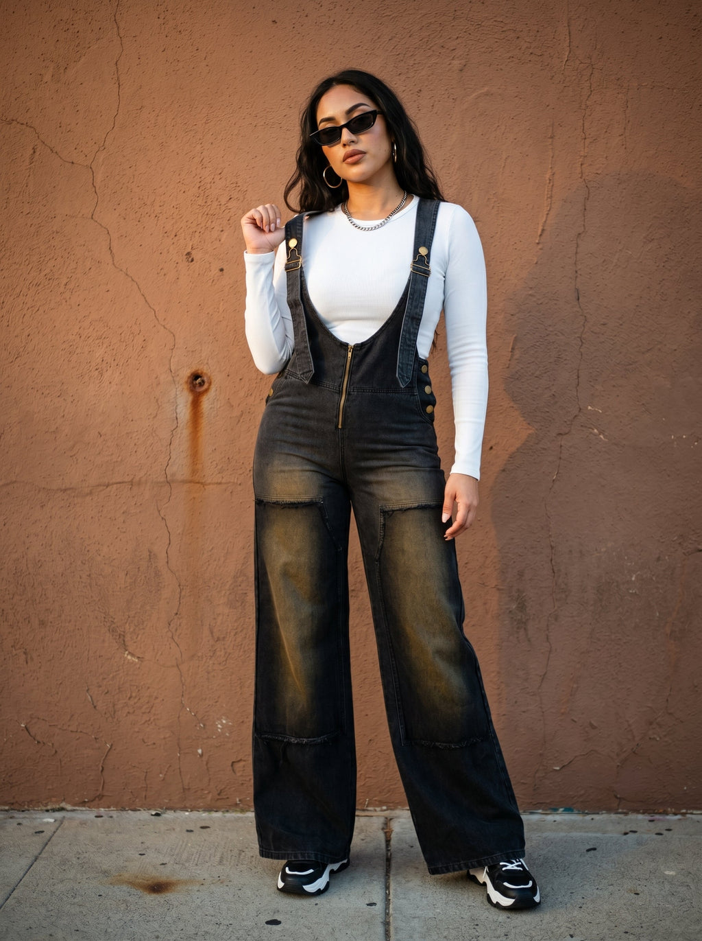 Dark Wash Wide-Leg Denim Overalls with Gold Hardware & Cargo Pockets